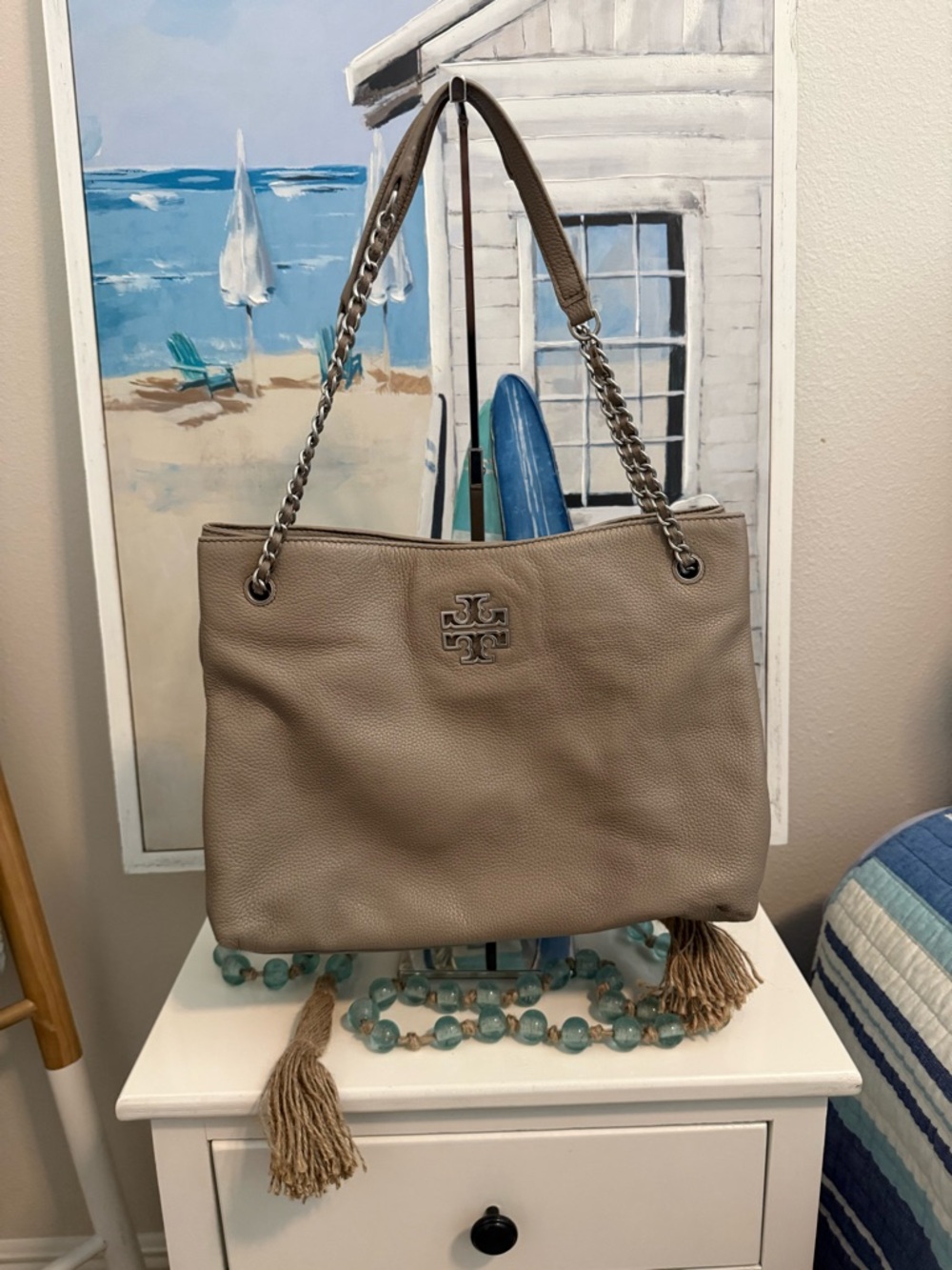 Tory Burch Taupe Pebbled Leather Chain-Handle Shoulder Bag